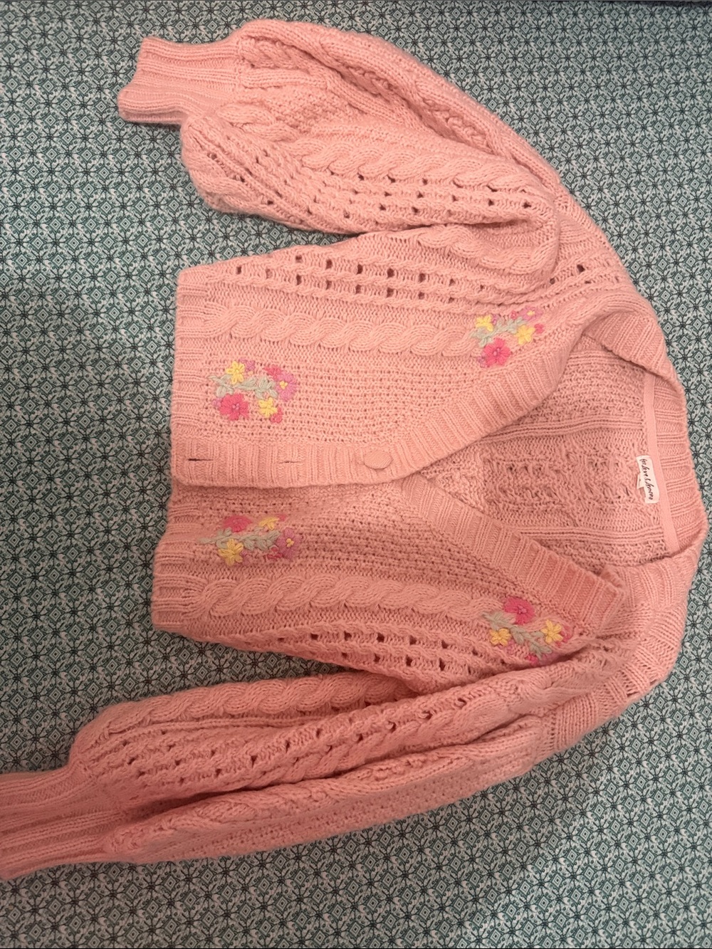 For Love And Lemons Blush Pink Cable-Knit Cardigan with Floral Embroidery